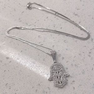 14 k White gold Fatima Hamsa Hand necklace
